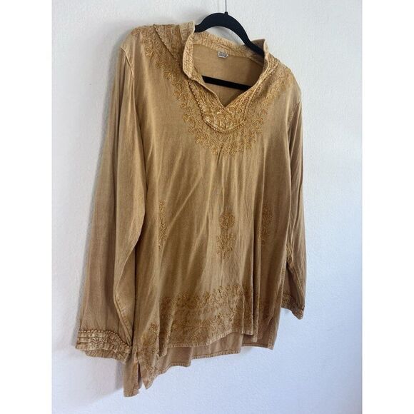 Women Boho Yellow Gold Floral Embroidered Tunic Blouse 3/4 Long Sleeve OS - Picture 11 of 11